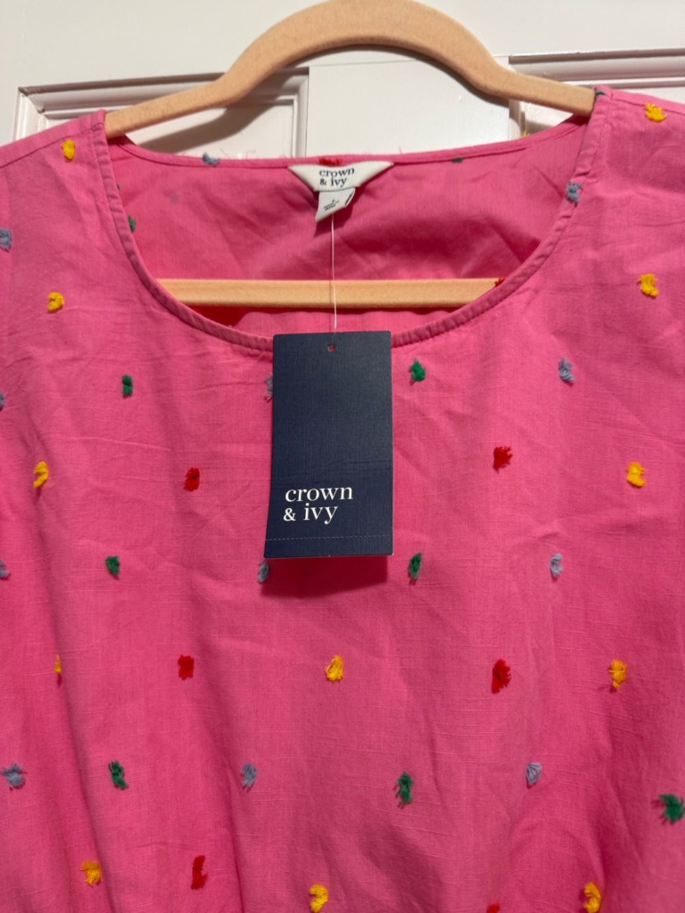 crown & ivy Bright Pink Puff-Sleeve Embroidered Casual Dress - Picture 3 of 3